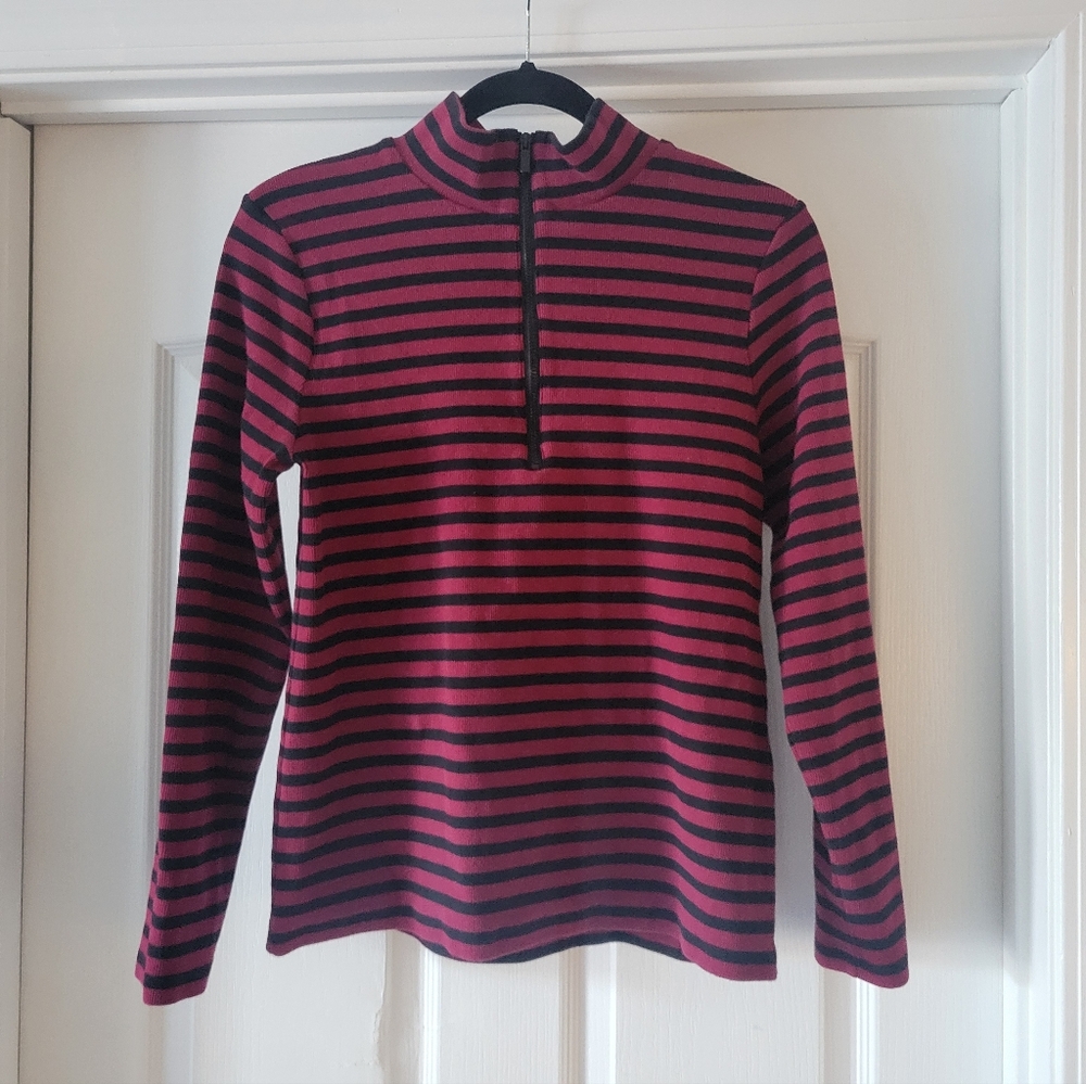 Chico's Sweater Zenergy Stripe Mock Neck Zipper Tee Red Black Medium 1 Striped - Picture 3 of 10